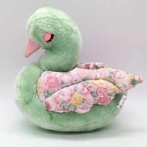 Vintage Commonwealth Green Pink Floral Swan Stuffed Animal Plushie 1987